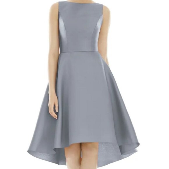 Alfred Sung Platinum Sateen Twill High Low Cocktail Dress D697 - Picture 1 of 2